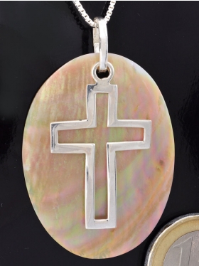  Symbol Kreuz, 925 Silber, auf Perlmutt