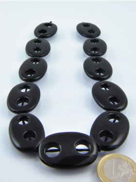 Obsidian schwarz, Oval, ca. 34 x 24 x 5 mm, Strang 40 cm