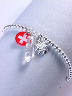 Armband Schweiz mit Bergkristall und Edelweiß, verschiedene Längen