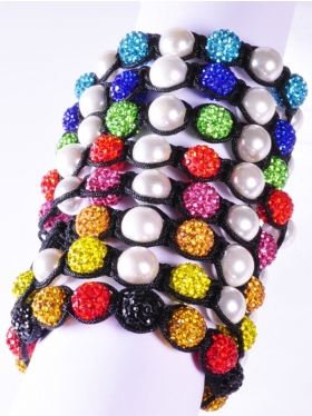 Muschelkernperle weiß und verschiedene Strass-Keramik-Perlen, Shamballa Armband mit verstellbarer Fallschirmschnur, 1 St.