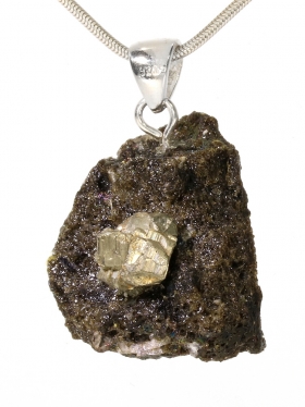 Lava aus Teneriffa mit montiertem Pyrit, Anhänger mit Silberöse, Unikat