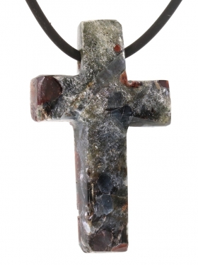 Souvenir aus Kärnten - Kreuz Anhänger aus Granat u. Disthen in Schiefer mit seitlicher Bohrung