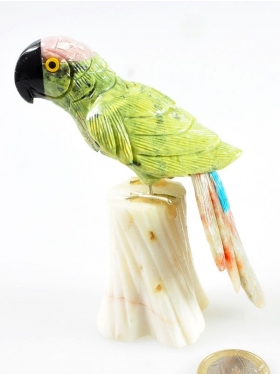 Serpentin Papagei auf Speckstein Sockel, Unikat