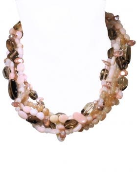 Andenopal pink, Perle, Mondstein, Rauchquarz, Kette mehrreihig mit S-Haken Verschluss in 925 Silber, Länge ca. 45 cm, 1 St.
