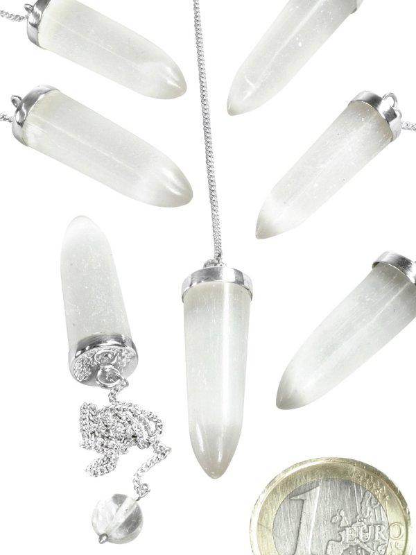 Selenite, Pendulum sugarloaf with silver chain 