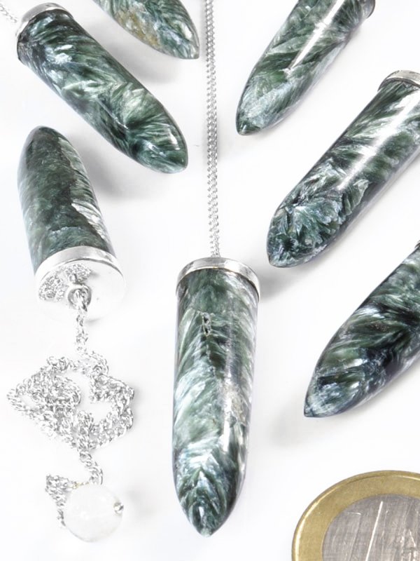Seraphinite, Pendulum sugarloaf with silver chain 