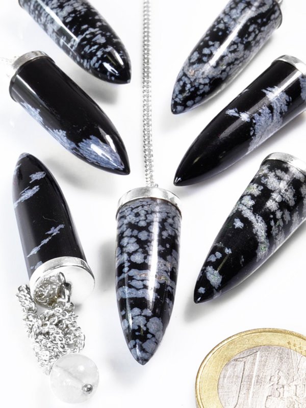 Snowflake Obsidian, Pendulum sugarloaf with silver chain 