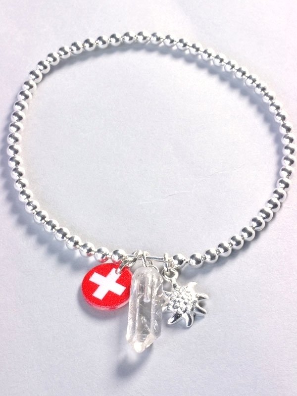 Armband Schweiz mit Bergkristall und Edelweiß, Länge 18 cm