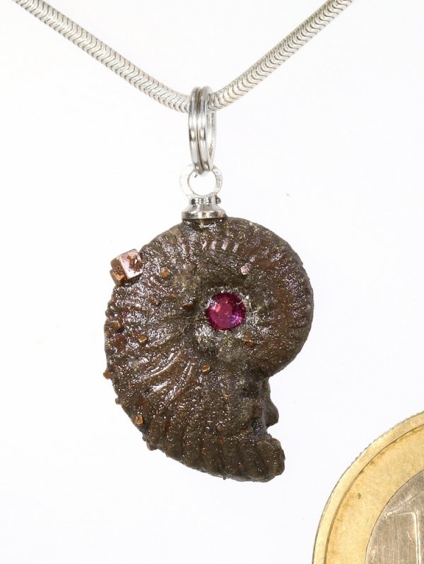 Souvenir aus der Provence - Anhänger aus Ammonit mit Swarowsky Stein mit einer Silberöse, Unikat