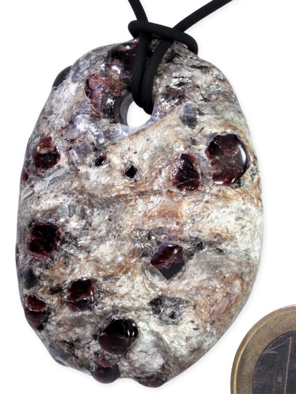 Garnet and Kyanite in mica slate from Carinthia, pendant drilled, unique