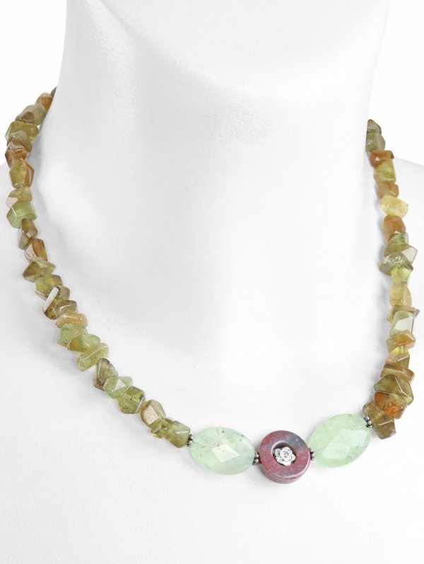 Grossular with Agate and Prehnite, necklace with S-hook closure, unique