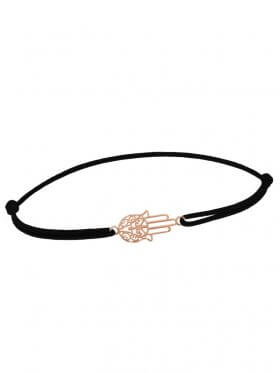 Symbolarmband Fatimas Hand mini an Elastikband, schwarz, Silber rosévergoldet