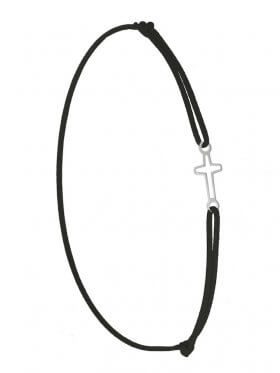 Symbolarmband Kreuz mini an Elastikband, schwarz, Silber rhodiniert