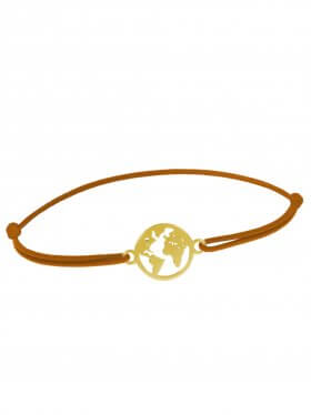 Symbolarmband Weltkugel mini an Elastikband, hellbraun, Silber vergoldet
