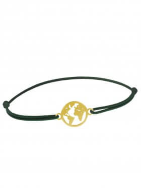 Symbolarmband Weltkugel mini an Elastikband, dunkelgrün, Silber vergoldet