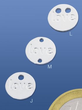 Motivplättchen "love" rund ø 10 mm, 2-Loch gegenüber, 925 Silber