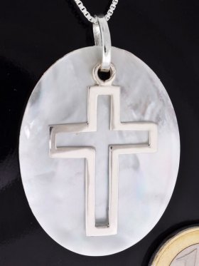  Symbol Kreuz, 925 Silber, auf Perlmutt weiß 