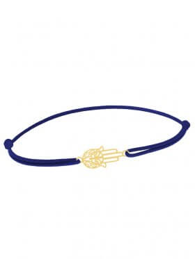 Symbolarmband Fatimas Hand mini an Elastikband, dunkelblau, Silber vergoldet