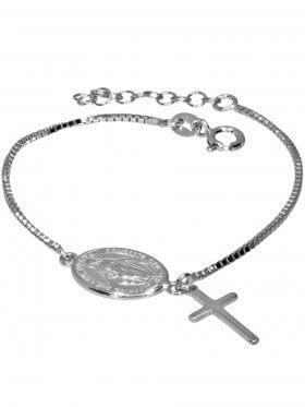 Armband "Madonna und Kreuz" mit Verlängerungskettchen in 925 Silber rhodiniert