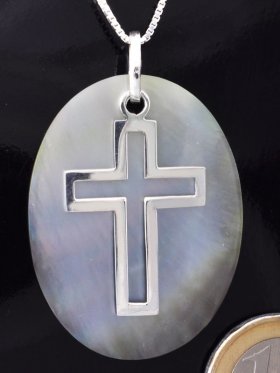 Symbol Kreuz, 925 Silber, auf Perlmutt grau 