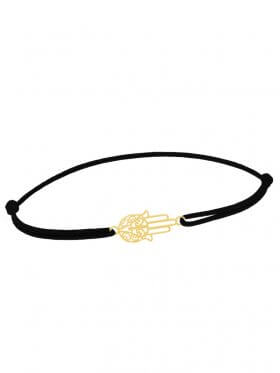 Symbolarmband Fatimas Hand mini an Elastikband, schwarz, Silber vergoldet