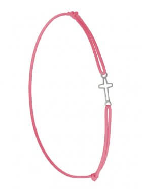 Symbolarmband Kreuz mini an Elastikband, rosa, Silber rhodiniert