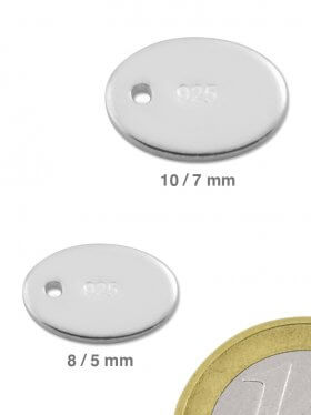 Stempelplättchen oval mit einem Loch mit 925 Stempel, verschiedene Größen, 925 Silber