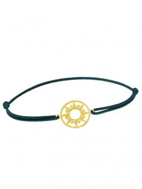 Symbolarmband Sonne mini an Elastikband, dunkelgrün, Silber vergoldet