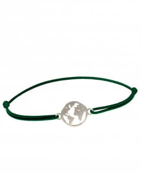 Symbolarmband Weltkugel mini an Elastikband, dunkelgrün, Silber rhodiniert