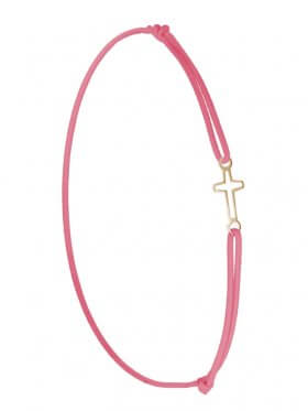Symbolarmband Kreuz mini an Elastikband, rosa, Silber vergoldet