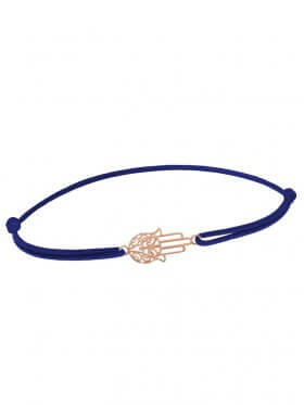 Symbolarmband Fatimas Hand mini an Elastikband, dunkelblau, Silber rosévergoldet
