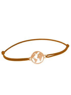 Symbolarmband Weltkugel mini an Elastikband, hellbraun, Silber rosévergoldet