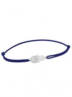 Symbolarmband Fatimas Hand mini an Elastikband, dunkelblau, Silber rhodiniert